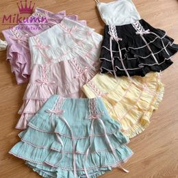 Mikumn Japanese Harajuku Girls Kawaii Lace Pleated Skirts Women High Waist Bow Laceup Fairy Y2k Aesthetic Cute Cake Mini 240416