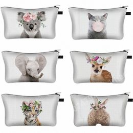 animal Print Cosmetic Bag Women Makeup Bag Kawaii Koala/Elephant/Elk Toiletry Canvas Travel Organizer Zipper Pouch Handbag Purse Y09H#