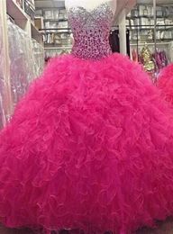 Bling Pink Quinceanera Dresses Crystal Backless Fuchsia Sweet 16 Dresses Masquerade Ball Gowns Vestidos de 15 Anos Cheap Prom 3675215