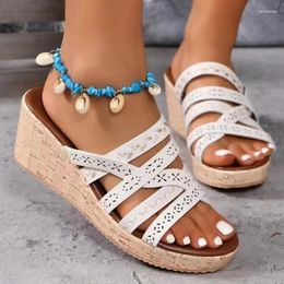 Slippers Wedge Shoes For Women 2024 Summer Women's High Heel Vintage Anti-Slip Leather Casual Platform Slides Zapatos De Mujer