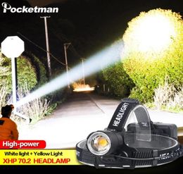 100000LM XHP702 Led Headlamp XHP70 Yellow White Led Headlight Fishing Zoom USB Rechargeable Torch Use 318650 batteries Camping47617196661