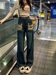 Women's Jeans Ripped For Women Autumn Winter Vintage High Waist Slim American Loose Wide Leg Pants Irregular Cargo Fashion