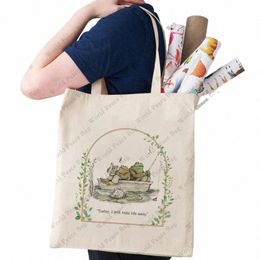 1 pc Vintage Classic Book Frog and Toad pattern Tote Bag Canvas Shoulder Bag For Travel Daily Commute Women's Reusable Shop G6fo#