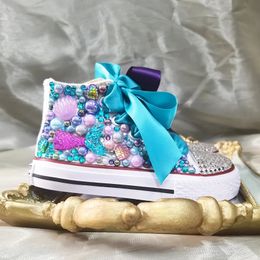 Shell Simulation DIY Bling Handmade Shoes Canvas Ocean Theme Kids High Top Pearls Sneakers For Girl Birthday Party Dollbling 240409