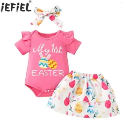 Clothing Sets 0-18M Baby Girls 1st Easter Outfits Short Sleeve Rompers With Colorful Eggs Print Skirt Headband For Birthday Party Daily Wear