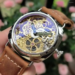 Wristwatches 45mm Mechanical Hand Wind Men's Watch Gold Hollow Movement AR Mineral Glass Or Sapphire Crystal Screw-in Crown