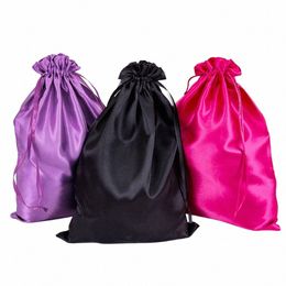 alileader 2pcs Black Satin Bag For Packaging Hair With Logo Storage Bag Dust Bag Bundle Drawstring Silk Satin Wig Bulk b61d#