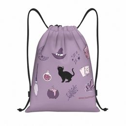 purple Witch Pack Drawstring Backpack Sports Gym Bag for Women Men Halen Spooky Cat Training Sackpack M3vo#