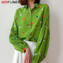 Women's Blouses Women Silk Shirt Mulberry Crepe Green Cartoon Printed Collared Buttons Down Lantern Long Sleeve Top Blouse MM689