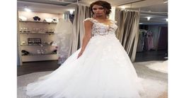 Scoop Wedding Dresses White Lace Applique A Line Sleeveless Illusion Sweep Train Bridal Gown Dress with Back Buttons2712184