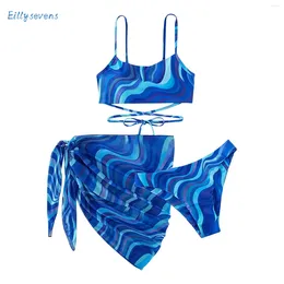 Women's Swimwear Swimsuit Three Piece Set Colour Ripple Print Bikini Sexy Back Lace-Up Bra Tops Briefs With Skirts Cover-Ups