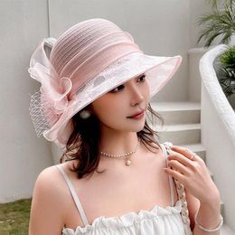 Wide Brim Hats Fashion Mesh Bucket Hat For Women Girls Ruffles Summer Bridal Sun Caps Beach Wedding Exquisite Party