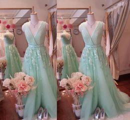 Real Picture Elie Saab Evening Gowns Stunning A Line Surplice V Neck Beading Top Appliques Soft Tulle Mint Green Prom Dresses Long3446745