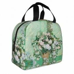 vincent Van Gogh Vase With Pink Roses Insulated Lunch Bag High Capacity Lunch Ctainer Thermal Bag Lunch Box Tote School Picnic V91x#