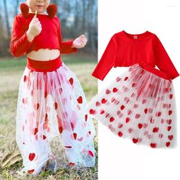 Clothing Sets Valentines Day Kids Girls Dress Suit Long Sleeve Round Neck Solid Color Crop Tops See Through Mesh Heart Half With Shorts