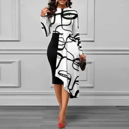 Casual Dresses 2024 Spring Summer Women Dress Solid Print Long Sleeve O-neck Irregular Hem Elegant Office Lady Party