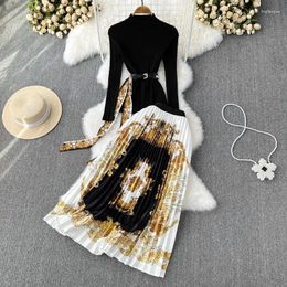 Work Dresses Fashion Suit Women's Stand Collar Slim-Fit Slimming Knitted Top Two-Piece High Waist Baroque Printed Pleated Skirt