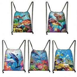 sea Turtle Dolphin Design Drawstring Bag Women Canvas Storage Bags girls Casual Backpack bookbag Shoes Holder Ladies Beach Bag 56w3#