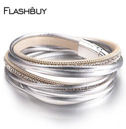 Rhinestones Leather Bracelets for Women Simple Multilayer Magnet Wrap Bangles Fashion Costume Jewellery Gift7546781