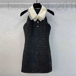 Basic & Casual Dresses designer 2023 Early Spring New Miu Miao Black Dress Heavy Industry Sequins Sleeveless A-line Skirt Doll Neck Diamond Children's VGAJ