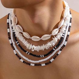 Choker Salircon Bohemian Simulation Shell Chain Necklace Men's Punk Wood Bead Multi Layered Clavicle Trend Neck Jewellery