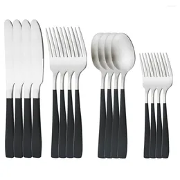 Dinnerware Sets Set 16pcs Black Silver Tableware Stainless Steel Cutlery Kitchen Dinner Knives Dessert Fork Spoons Sliverware