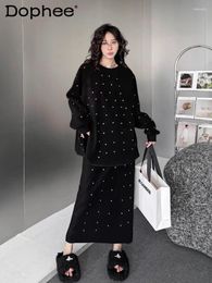 Work Dresses Heavy Industry Beads Air Cotton Fashion Suit 2024 Spring Round Neck Long Sleeve Split Top Skirt 2 Piece Sets Women Outifits
