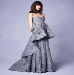 Long Grey Lace Evening Dresses Gown With 3d Floral Embellishments Strapless Neckline Party Dresses Marchesa Resort Collection1510101