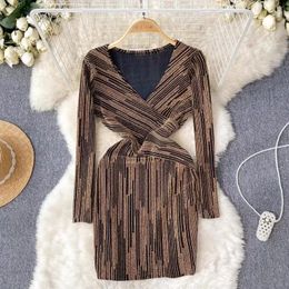 Casual Dresses Autumn Feminine Dress And High-end Long-sleeved V-neck Waist Slimming Mesh Bright Silk Hip-hugging Short Skirt