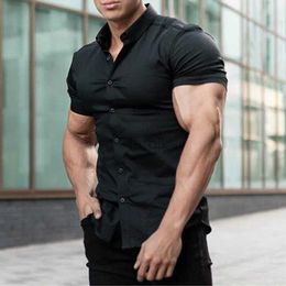 Men's Casual Shirts Summer Hot Sale Mens exercise fitness Short-Sleeved Men Solid Color Turn-down collar Show muscle men shirt 24416