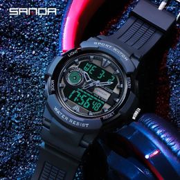 Wristwatches 2024 SANDA Brand Military Sports Watches Men Dual Display Waterproof Electronic Wristwatch Relogio Masculino 6082