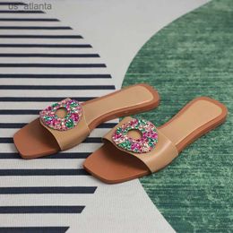 Slippers Womens Sandals Flat Heels Slip on Beach Shoes for Female Trendy Design Colourful Crystal Circle Big Size 41 Woman Footwear H240416