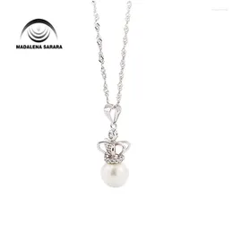 Pendant Necklaces MADALENA SARARA 9-10mm Freshwater Pearl Semi Round Angle Style Sterling Silver 925 Chain Necklace CZ Inlaid