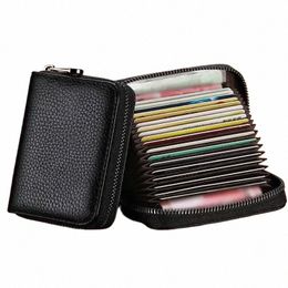 multi Slot Card Holder Vintage Small Wallet Women Men Busin Bank Credit Card Bag Male Coin Pouch Solid Leather Zipper Wallet v30X#