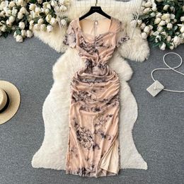 Casual Dresses Elegant High Quality Flower Pleated Mesh Split Bottom Dress With Waist Slimming Bodycon Summer Midi