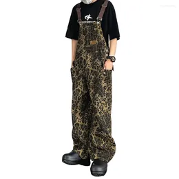 Men's Jeans Men Leopard Print Bib Overalls Loose Pockets Cargo Denim Casual Wide Leg Jumpsuits Coveralls