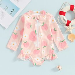 6M4T Baby Girl Swimsuit Summer Fruit Print Pleated Long Sleeved Monokini Toddler Beach Cute Beachwear 240416