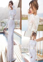 Julie Vino Sheer Wedding Dresses Bateau Neck Long Sleeves Floor Length Sheath Bridal Gowns Sash Simple Beach Wedding Gowns 2019 Ho2538584