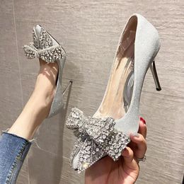 Dress Shoes Crystal Bow-knot Wedding Woman Bling Pumps Mary Janes Stiletto High Heels Women Pointed Toe Glitter Talon Femme 2024