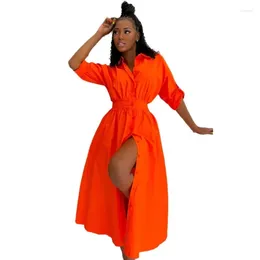 Casual Dresses Robe Maxi Dress Sexy Slit African Ladies Orange Long Sleeve Lapel Button Shirt Loose Fall 2024 Elegant Clothes 2XL