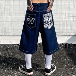 Hip Hop Pockets Embroidery Letter Print Jeans Shorts for Men Summer Retro Oversized Wide Leg Denim Knee Lenght Pants 240410