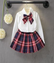 AutumnSpring New School Style Fashion Baby Girls Dress Set White Shirt Top With Plaid Knot TiePlaid Mini Skirt 3 Pcs Sets 37T3551405