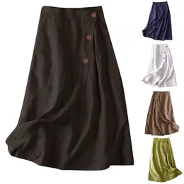 Skirts Women Casual Midi Skirt Cotton Linen High Waist Asymmetrical Buttons Up Split A Line Office Lady Solid Pleated