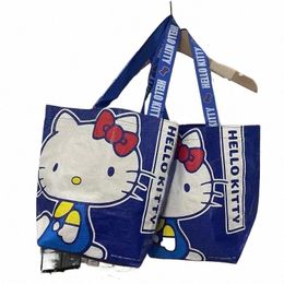 hellos Kittys Blue Printed Shop Bag Eco-friendly High-capacity Hand Woven Bag One Shoulder Cute Shop Bag Girl Gift J3CW#