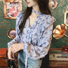 Women's Blouses Retro Flower Floral Bow Tie Ruffles Tops Women Korea Style Design Long Sleeve Elegant Cute Ribbon Sweet Basic Shirts