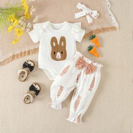 Clothing Sets Infant Baby Girls 3Pcs Easter Outfit Short Sleeve Embroidery Romper Long Pants Hairband Cute Clothes Set