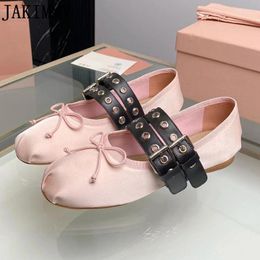 Casual Shoes Summer Brand Silk Bow Knot Ballet Flats Women Round Toe Belt Buckle Banquet Flat Loafers For Walking