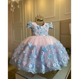 Gown Princess Ball Girls Pageant Dresses Jewel Neck Handmade D Flowers Butterflies Tiered Tulle Kids Prom Gowsn Birthday Party Flower Girl Dress Custom Made