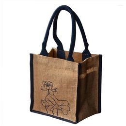 Shopping Bags Jute Burlap Tote Printing Lotus Large Reusable Grocery With Handles Women Bag Beach Travel Storage Organiser