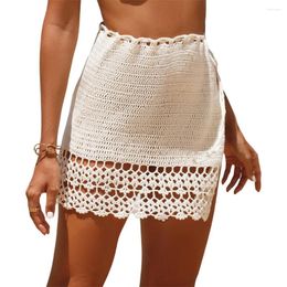 Foohoostore Hollow Tie Up Crochet Cover-Ups Women's Summer Short Bikini Skirt Swimwears Solid Colour Split Beachwear